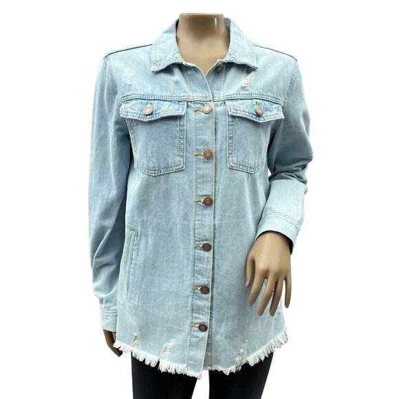 Thread & Supply Light Wash Denim Trucker Jacket Distressed Frayed Hem Womens S - Picture 1 of 11